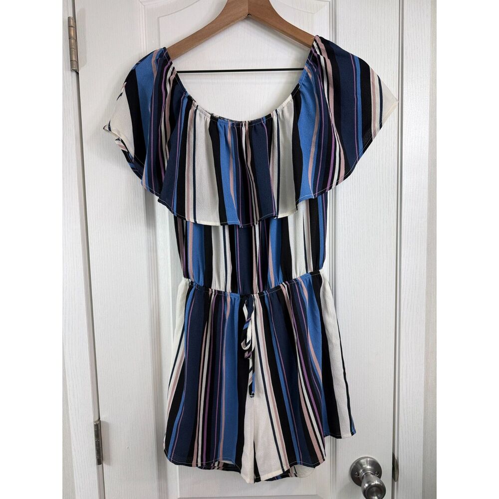 Active USA Women’s Small Striped Off Shoulder Romper Blue Pink White Ruffle